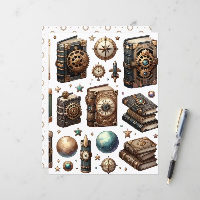 Celestial Steampunk Book Ephemera Scrapbook Paper (Vorderseite/Rückseite Beispiel)