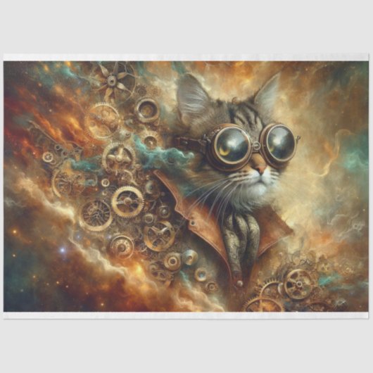 Celestial Steampunk Cat Time Voyage Decoupage Seidenpapier (Vorderseite)