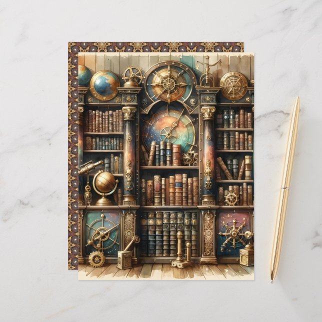Celestial Steampunk Library Scrapbook Paper (Vorderseite/Rückseite Beispiel)