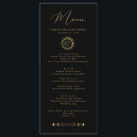 Celestial Sun and Moon Menu Black and Gold Version Menükarte<br><div class="desc">Diese einzigartige, individuell anpassbare Hochzeitsmenu-Karte, die sich mit unserer Celestial Mystic Collection abstimmen lässt, verfügt über prächtige goldene Himmelselemente auf schwarzem Hintergrund. Für eine erweiterte Anpassung dieses Designs, z.B. das Ändern des Layouts, des Schriftartes oder der Textgröße, klicken Sie bitte auf den obigen Button "KENNEN". Bitte kontaktieren Sie mich für...</div>