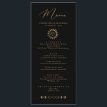 Celestial Sun and Moon Menu Black and Gold Version Menükarte<br><div class="desc">Diese einzigartige, individuell anpassbare Hochzeitsmenu-Karte, die sich mit unserer Celestial Mystic Collection abstimmen lässt, verfügt über prächtige goldene Himmelselemente auf schwarzem Hintergrund. Für eine erweiterte Anpassung dieses Designs, z.B. das Ändern des Layouts, des Schriftartes oder der Textgröße, klicken Sie bitte auf den obigen Button "KENNEN". Bitte kontaktieren Sie mich für...</div>
