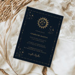 Celestial Sun and Moon Mystic Wedding Einladung<br><div class="desc">Diese einzigartige, individuell anpassbare Einladungskarte für die Hochzeit, die mit unserer Celestial Mystic Collection abgestimmt ist, besticht durch prächtige goldene Himmelselemente auf dunklem Marinestützpunkt. Für eine erweiterte Anpassung dieses Designs, z.B. das Ändern des Layouts, des Schriftartes oder der Textgröße, klicken Sie bitte auf den obigen Button "KENNEN". Bitte kontaktieren Sie...</div>
