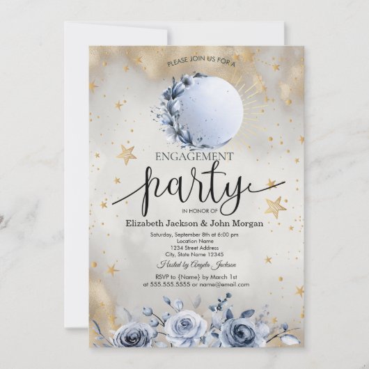 Celestial Sun, Blue Moon Rose Sterne Verlobung Einladung (Vorderseite)