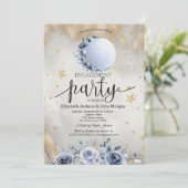 Celestial Sun, Blue Moon Rose Sterne Verlobung Einladung (Stehend Vorderseite)