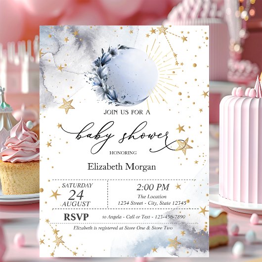 Celestial Sun, Blue Moon, Stars Baby Dusche Einladung