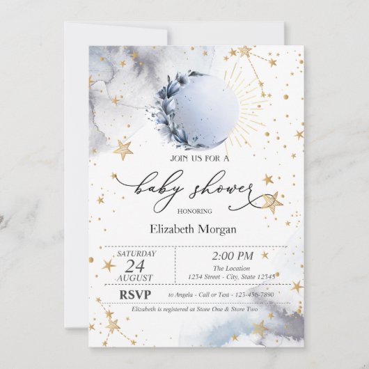 Celestial Sun, Blue Moon, Stars Baby Dusche Einladung (Vorderseite)