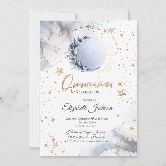 Celestial Sun, Blue Moon, Stars Blume Quinceanera Einladung (Vorderseite)