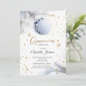 Celestial Sun, Blue Moon, Stars Blume Quinceanera Einladung (Stehend Vorderseite)
