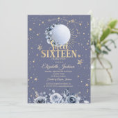 Celestial Sun, Blue Moon Stars Pastel Sweet 16 Einladung (Stehend Vorderseite)