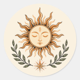 Celestial Sun Face Botanical Mystical Art Runder Aufkleber