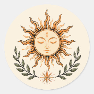 Celestial Sun Face Botanical Mystical Art Runder Aufkleber