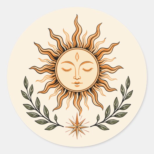 Celestial Sun Face Botanical Mystical Art Runder Aufkleber (Vorderseite)
