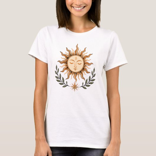 Celestial Sun Face Botanical Mystical Art T-Shirt (Vorderseite)