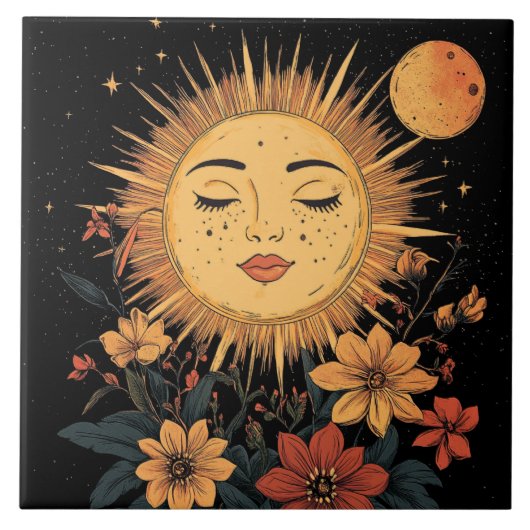 Celestial Sun Goddess mit floralen Blüten Fliese (Vorderseite)