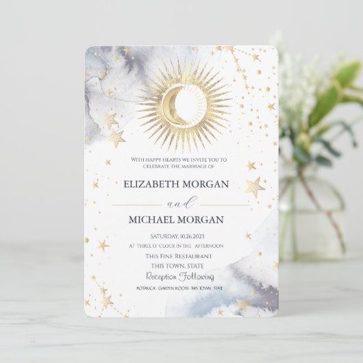 Celestial Sun, Mond, Sterne Hochzeit Einladung (Stehend Vorderseite)