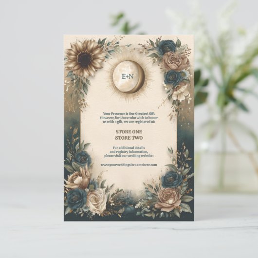 Celestial Sun Moon Boho Floral Rustic Wedding Begleitkarte (Stehend Vorderseite)