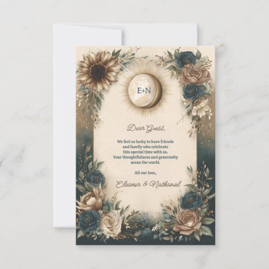 Celestial Sun Moon Boho Floral Rustic Wedding Dankeskarte (Vorderseite)