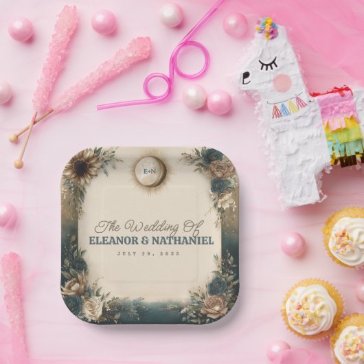 Celestial Sun Moon Boho Floral Rustic Wedding Pappteller (Party)