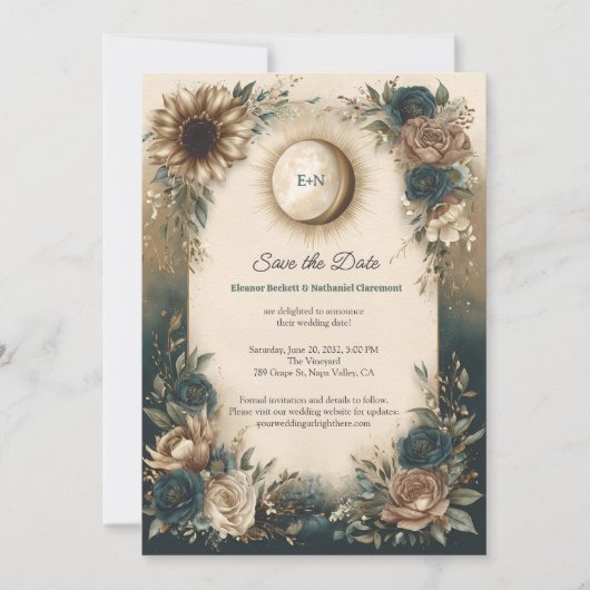 Celestial Sun Moon Boho Floral Save the Date (Vorderseite)