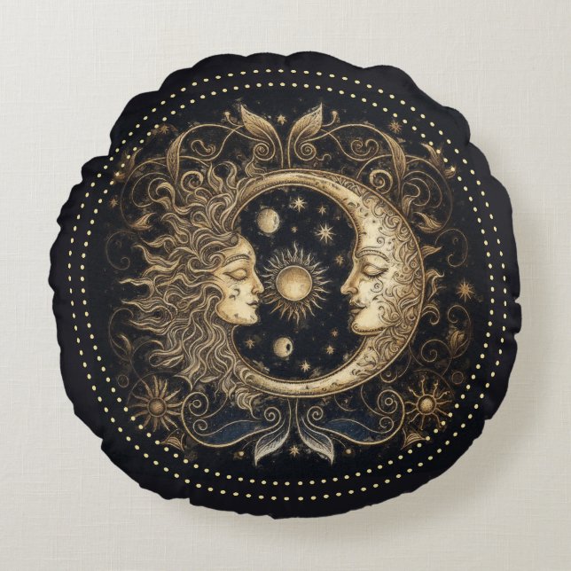 Celestial Sun Moon Face Planets Round Pillow Rundes Kissen (Vorderseite)