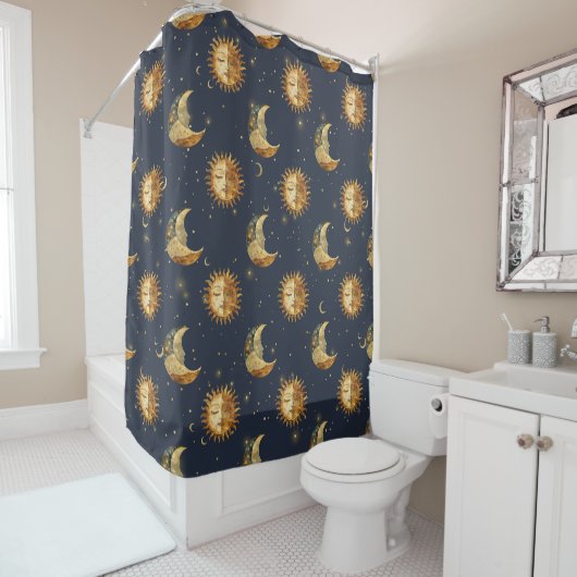 Celestial Sun & Moon Gold Starry Night Pattern (1) Duschvorhang (Beispiel)