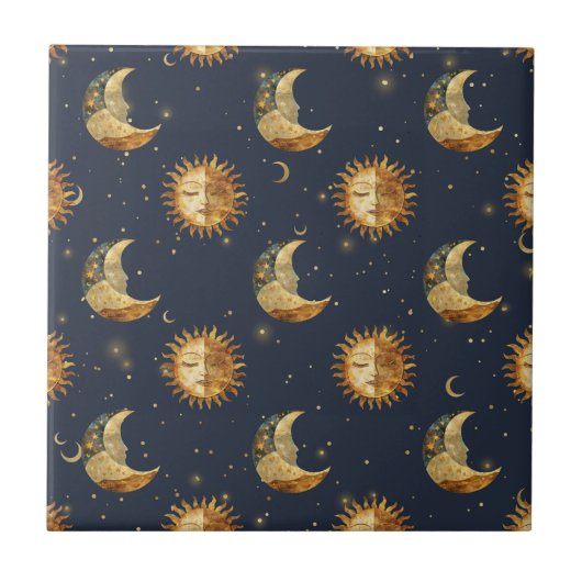 Celestial Sun & Moon Gold Starry Night Pattern (1) Fliese (Vorderseite)