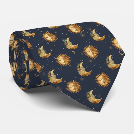 Celestial Sun & Moon Gold Starry Night Pattern (1) Krawatte (Gerollt)
