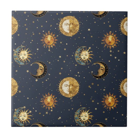 Celestial Sun & Moon Gold Starry Night Pattern (2) Fliese (Vorderseite)