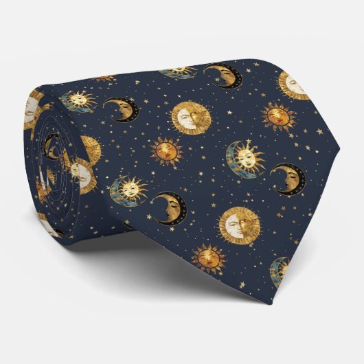 Celestial Sun & Moon Gold Starry Night Pattern (2) Krawatte (Gerollt)