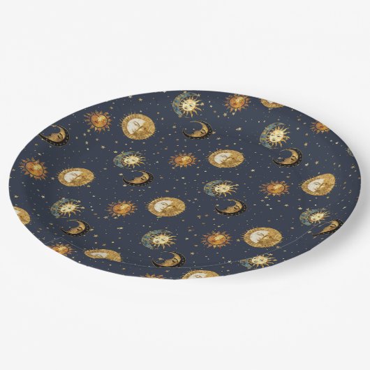 Celestial Sun & Moon Gold Starry Night Pattern (2) Pappteller (Schrägansicht)
