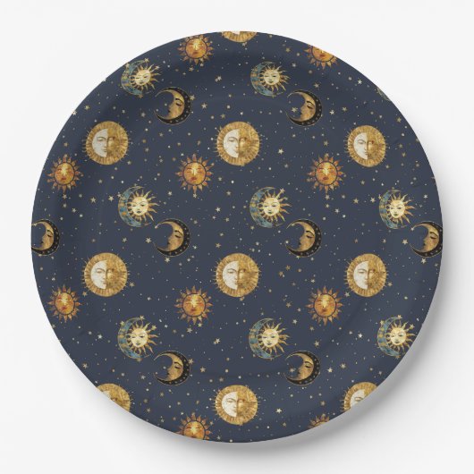 Celestial Sun & Moon Gold Starry Night Pattern (2) Pappteller (Vorderseite)