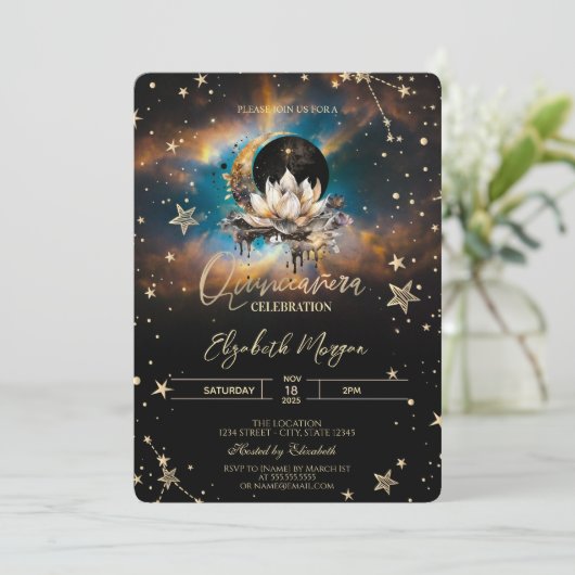Celestial Sun,Moon Lotus Stars Quinceanera Einladung (Stehend Vorderseite)