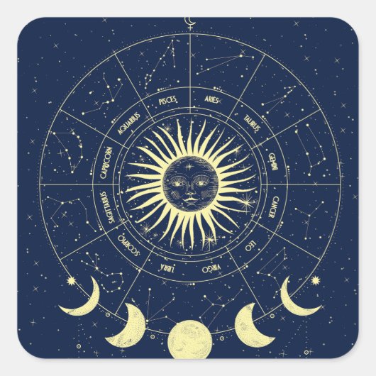 Celestial Sun Moon Phases Zodiac Quadratischer Aufkleber (Vorderseite)