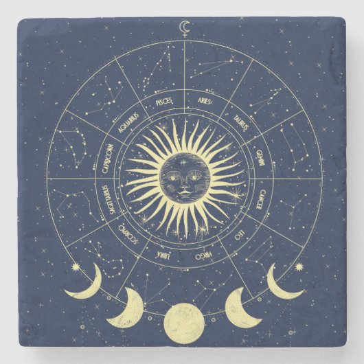 Celestial Sun Moon Phases Zodiac Steinuntersetzer (Vorderseite)