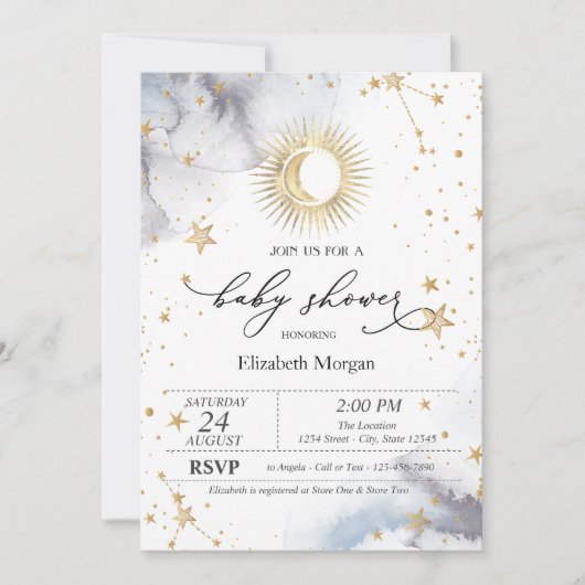 Celestial Sun, Moon, Stars Babydusche Einladung (Vorderseite)