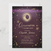 Celestial Sun, Moon, Stars Burgundy Quinceanera Einladung (Vorderseite)