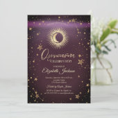 Celestial Sun, Moon, Stars Burgundy Quinceanera Einladung (Stehend Vorderseite)