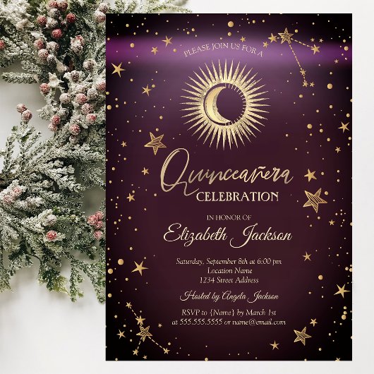 Celestial Sun, Moon, Stars Burgundy Quinceanera Einladung