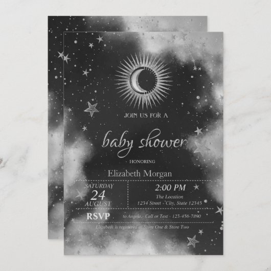 Celestial Sun, Moon, Stars Gray Baby Dusche Einladung (Vorne/Hinten)