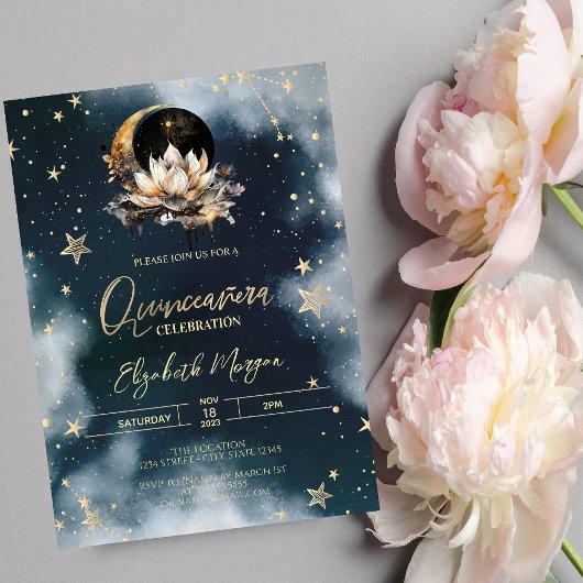 Celestial Sun, Moon, Stars Lotus Sky Quinceanera Einladung