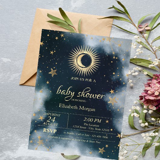 Celestial Sun, Moon, Stars Night Sky Baby Dusche Einladung