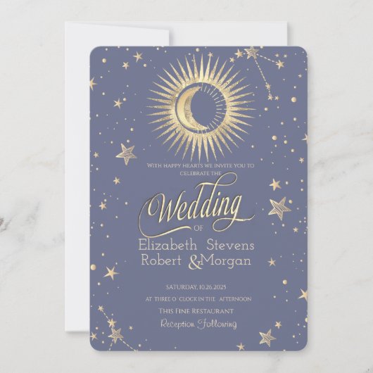 Celestial Sun, Moon, Stars Pastel Wedding Einladung (Vorderseite)
