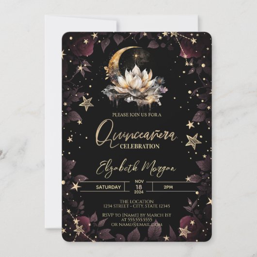 Celestial Sun, Moon, Stars Rose Quinceanera Einladung (Vorderseite)