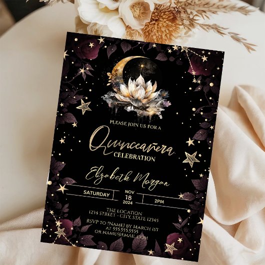Celestial Sun, Moon, Stars Rose Quinceanera Einladung