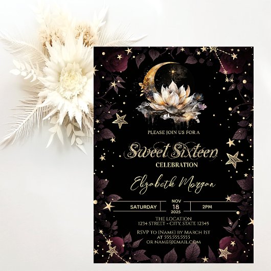 Celestial Sun,Moon,Stars Roses Sweet 16 Einladung