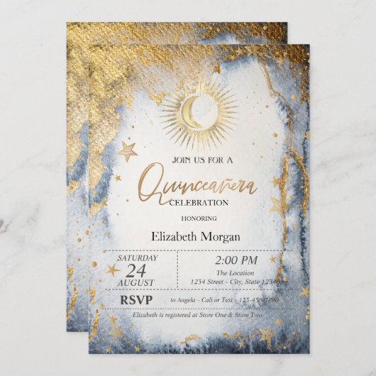 Celestial Sun, Moon, Stars Wasserfarbe Quinceanera Einladung (Vorne/Hinten)