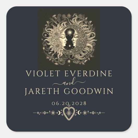 Celestial Sun Moon Stars Wedding Quadratischer Aufkleber (Vorderseite)