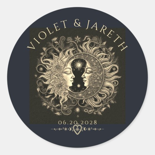 Celestial Sun Moon Stars Wedding Runder Aufkleber (Vorderseite)