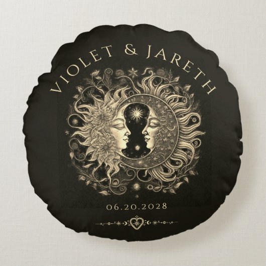 Celestial Sun Moon Stars Wedding Rundes Kissen (Vorderseite)