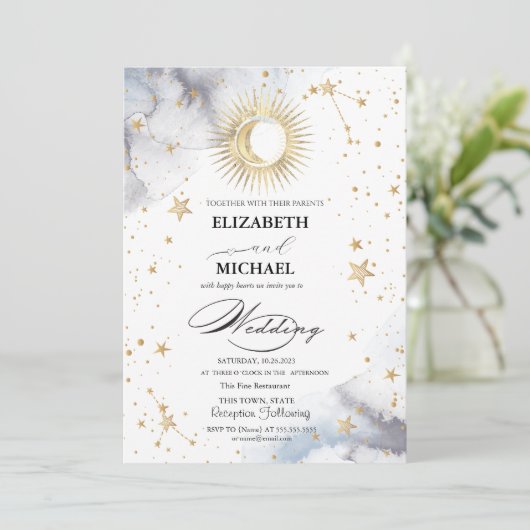 Celestial Sun,Moon,Sternskript Einladung (Stehend Vorderseite)